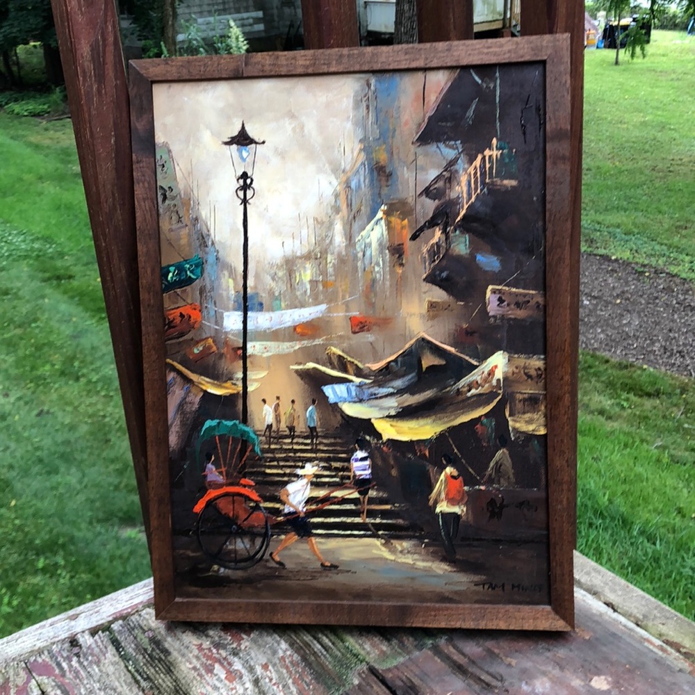 Chinese scene of oil on board Mid Century Modern signed Tam Ming